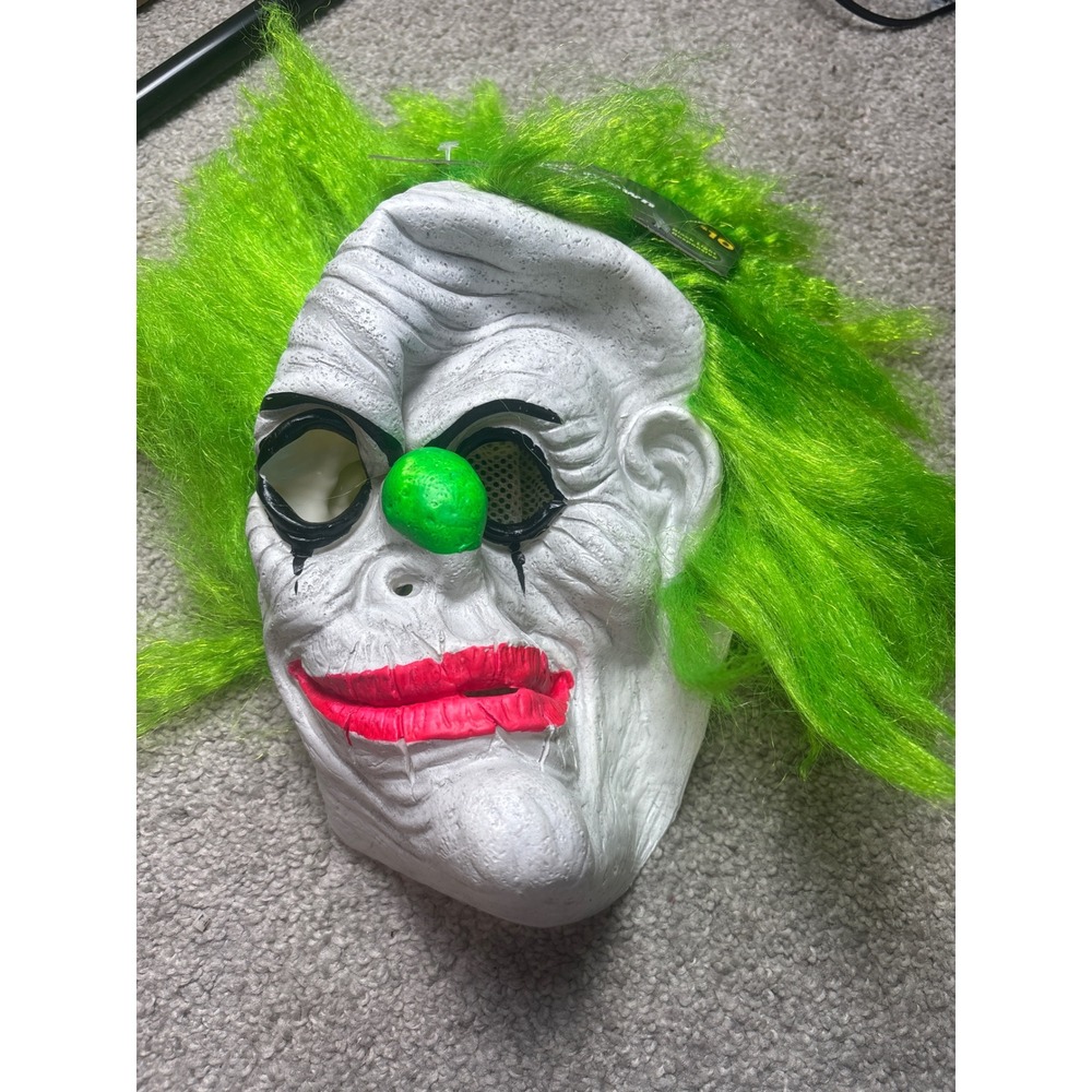 Clown Mask Green Hair Scary Horror Latex One Size White Unisex